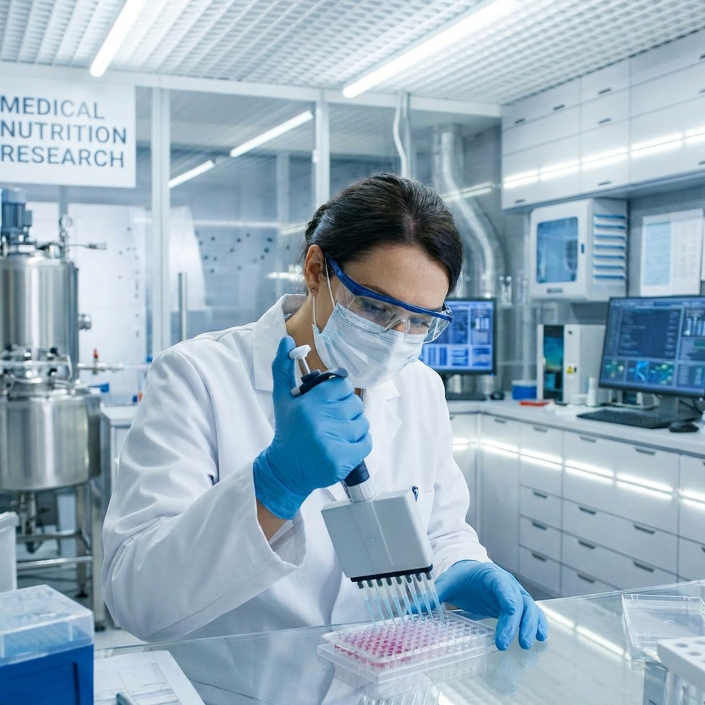 Scientist analyzing blue liquid in flask