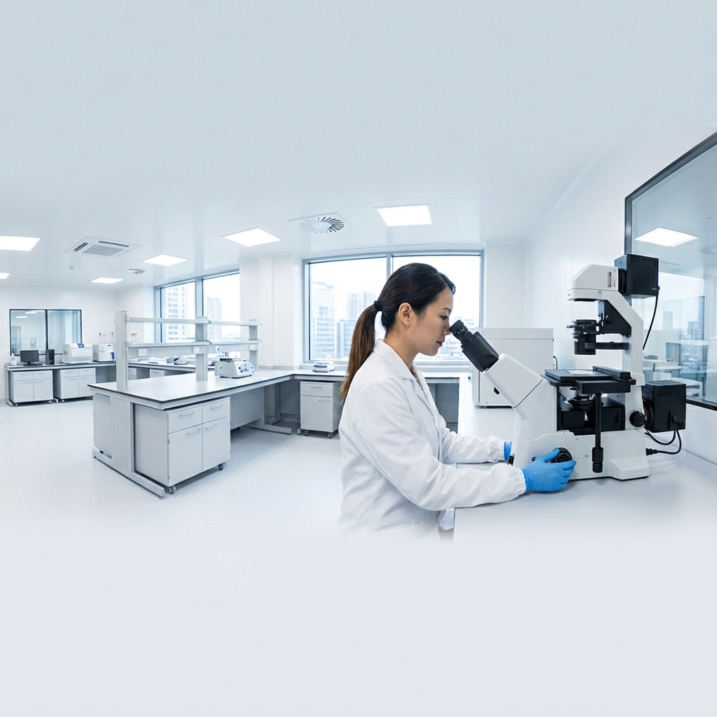 Scientist looking through microscope